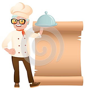 Stock vector illustration of a senior chef with dish hand on the banner