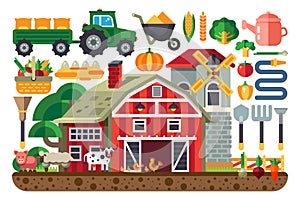 Stock vector illustration set of icons for farm business, house, tractor, tools, artiodactyls, cloven-hoofed domestic