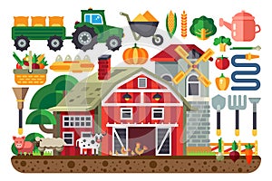 Stock vector illustration set of icons for farm business, house, tractor, tools, artiodactyls, cloven-hoofed domestic photo