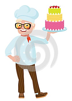 Stock vector illustration of a smiling senior chef holding plate
