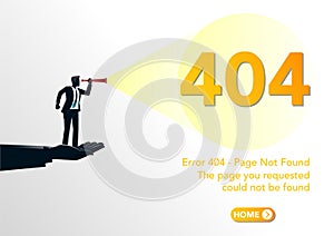 stock vector page not found template with giant hand helping a businessman on top using telescope.