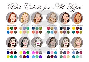 Stock vector seasonal color analysis palette for all types of female appearance. Best colors for for 12 types.