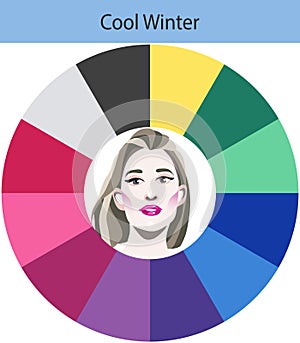 Stock vector seasonal color analysis palette for cool winter. Best colors for cool winter type of female appearance