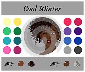 Stock vector seasonal color analysis palette for cool winter. Best colors for cool winter type of female appearance