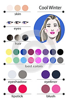 Stock vector seasonal color analysis palette for cool winter. Best makeup colors for cool winter type of female appearance.