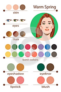 Stock vector seasonal color analysis palette for warm spring. Best makeup colors for warm spring type of female appearance.