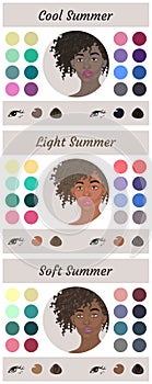 Stock vector seasonal color analysis palettes for summer type of female appearance. Best colors for cool, soft and light summer.
