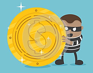 Stock Vector of thief. Bad thief wear black suit and mask holding money