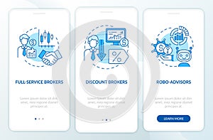 Stockbroker types onboarding mobile app page screen with concepts