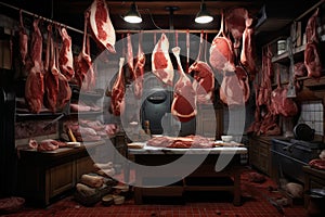 Stocked Meat shelves shop. Generate Ai