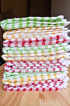 Stocked multicolored kitchen towels.