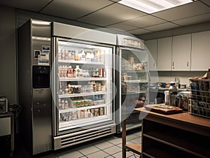 Stocked office fridge in break room