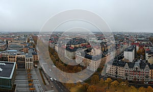 Stockholm aerial cityscape of the stadium area on a cold dull grey autumn day