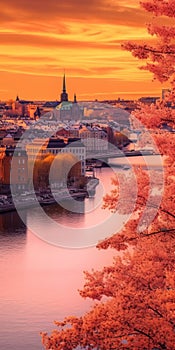 Stockholm Autumn Sunset Panorama Wallpaper In Luminous Colors