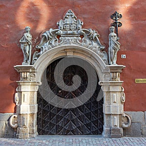 Stockholm city in Sweden. Old ornamental door in gamla stan