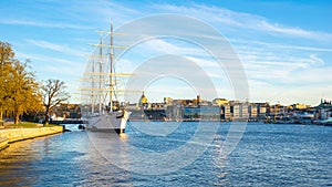 Stockholm cityscape with a ship in Stockholm city, Sweden