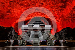 Stockholm metro or tunnelbana station Solna Centrum with fire li