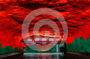 Stockholm metro or tunnelbana station Solna Centrum with fire li