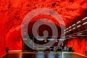 Stockholm metro or tunnelbana station Solna Centrum with fire li photo