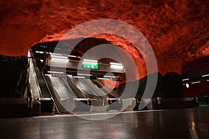 Stockholm metro or tunnelbana station Solna Centrum with unique design. Interior modern undeground photo