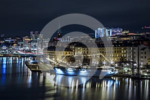 Stockholm night skyline canal cityscape, Gamla Stan. Stockholm Sweden