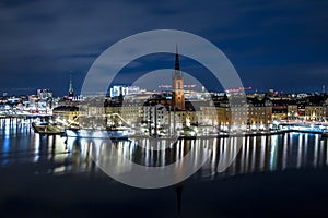 Stockholm night skyline canal cityscape, Gamla Stan. Stockholm Sweden