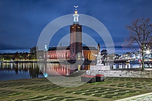 Stockholm night skyline canal cityscape, Stadshus. Stockholm Sweden