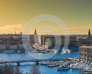 Stockholm old town - Gamla stan. Aerial view photo of Sweden capital on sunset