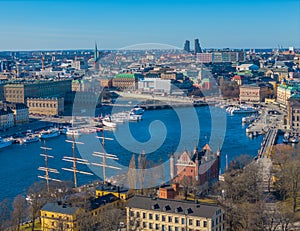 Stockholm old town - Gamla stan, Skeppsholmen. Aerial photo of Sweden capital