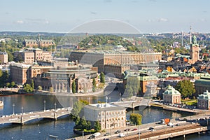 Stockholm old town Gamla Stan skyline from City Hall top, Sweden