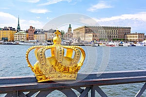 Stockholm old town with Royal palace and Royal crown, Sweden