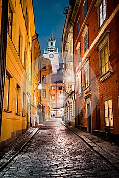Stockholm`s Gamla Stan old town district at night, Sweden