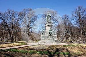 Famous bronze statue of botanist Carl Linne Linnemonumentet in Humlegarden, Stockholm, Sweden