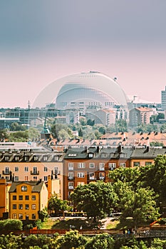 Stockholm, Sweden. Avicii Arena Ericsson Globe In Summer Skyline. It's Currently The Largest Hemispherical Building