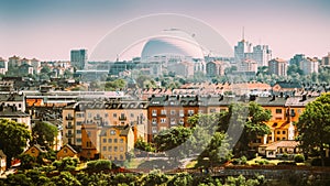 Stockholm, Sweden. Avicii Arena Ericsson Globe In Summer Skyline. It's Currently The Largest Hemispherical Building