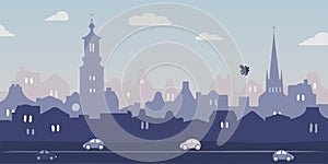 Stockholm Sweden cartoon set with Carlson, buildings, cars and clouds