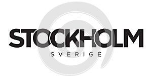 Stockholm in the Sweden emblem. The design features a geometric style, vector illustration with bold typography in a modern font.