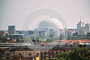 Stockholm, Sweden. Ericsson Globe In Summer Skyline. It`s Currently The Largest Hemispherical Building In The World