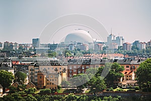 Stockholm, Sweden. Ericsson Globe In Summer Skyline. It`s Currently The Largest Hemispherical Building In The World