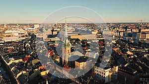 STOCKHOLM, SWEDEN - FEBRUARY, 2020: Aerial view of cathedral in Stockholm old city centre Gamla stan.