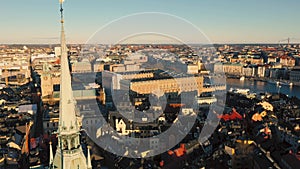 STOCKHOLM, SWEDEN - FEBRUARY, 2020: Aerial view of cathedral in Stockholm old city centre Gamla stan.