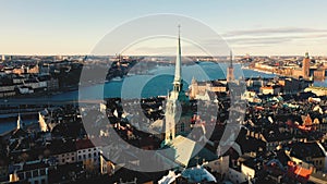 Stockholm, Sweden - February, 2020: Aerial view of cathedral in Stockholm old city centre Gamla stan.