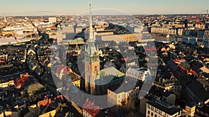 Stockholm, Sweden - February, 2020: Aerial view of cathedral in Stockholm old city centre Gamla stan.