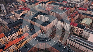 STOCKHOLM, SWEDEN - FEBRUARY, 2020: Aerial view of Stockholm city centre. Flying over buildings in old town.