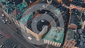 STOCKHOLM, SWEDEN - FEBRUARY, 2020: Aerial view of Stockholm city centre Gamla stan. Flying over buildings in old town.