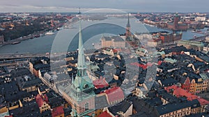 Stockholm, Sweden - February, 2020: Aerial view of Stockholm city centre Gamla stan. Flying over buildings in old town.