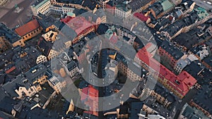 Stockholm, Sweden - February, 2020: Aerial view of Stockholm city centre Gamla stan. Flying over buildings in old town.