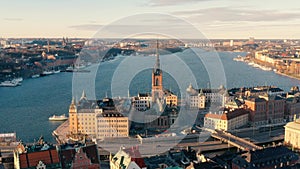 Stockholm, Sweden - February, 2020: Aerial view of Stockholm city centre Gamla stan. Flying over buildings in old town.