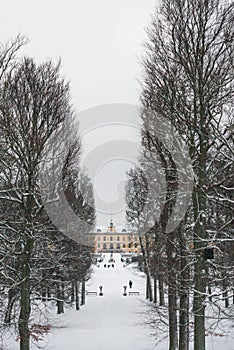 STOCKHOLM, SWEDEN - JANUARY 7, 2017: View over Drottningholm Palace and park on winter day. Home residence of Swedish royal family