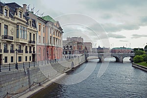 Stockholm, Sweden - July 2014: Norrbro Bridge linking Norrmalm and old district of Stockholm in Gamla Stan